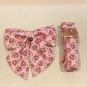 NWT Pink Letter & Heart Pattern Dog Collar and Bow- Medium